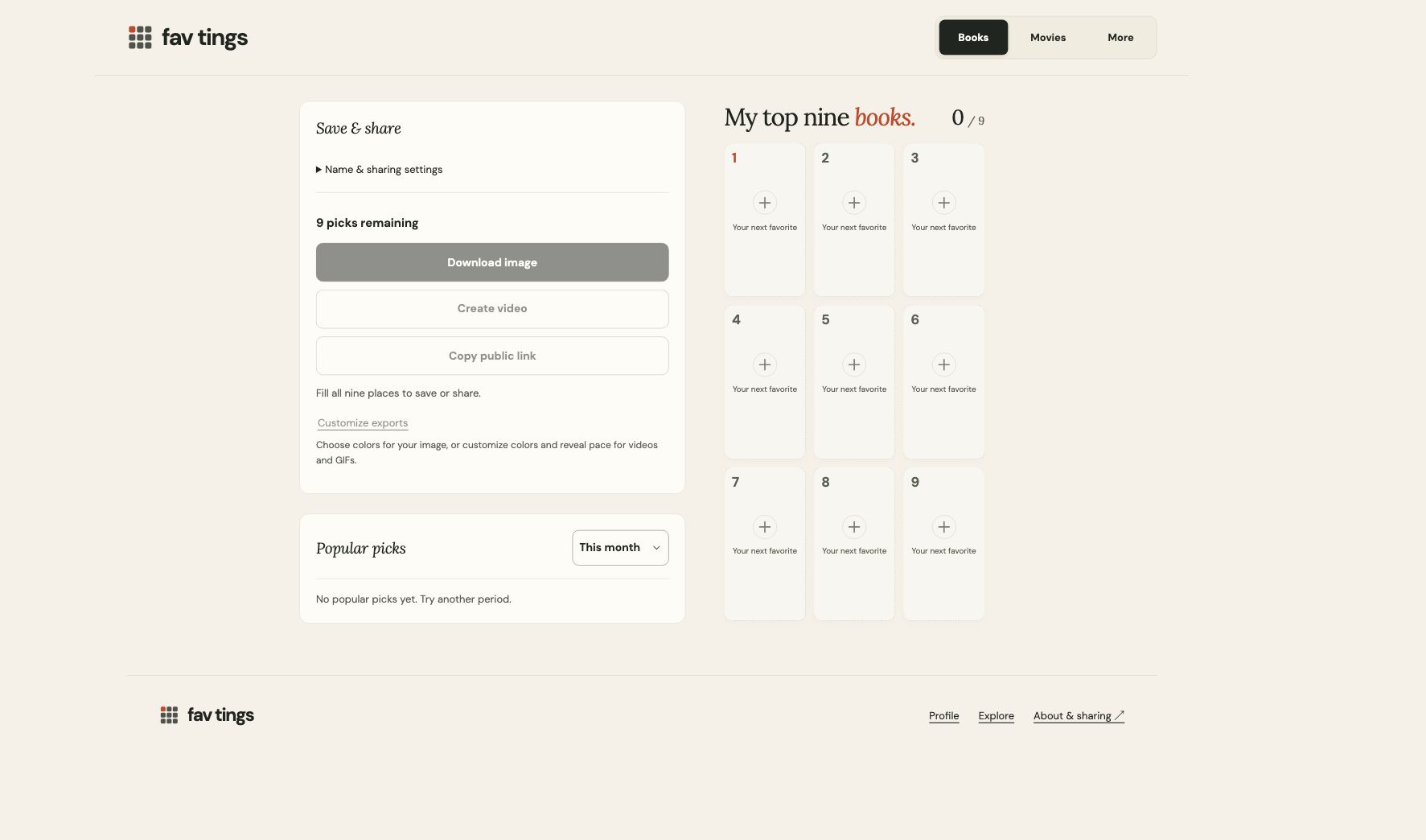 The Fav Tings books editor with nine places and Save & share controls.