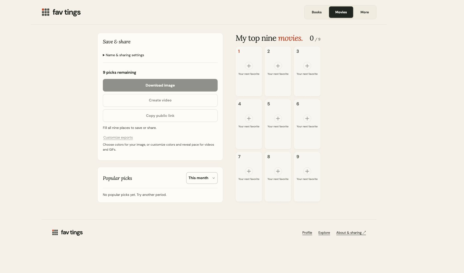 The Fav Tings movies editor with nine places and Save & share controls.
